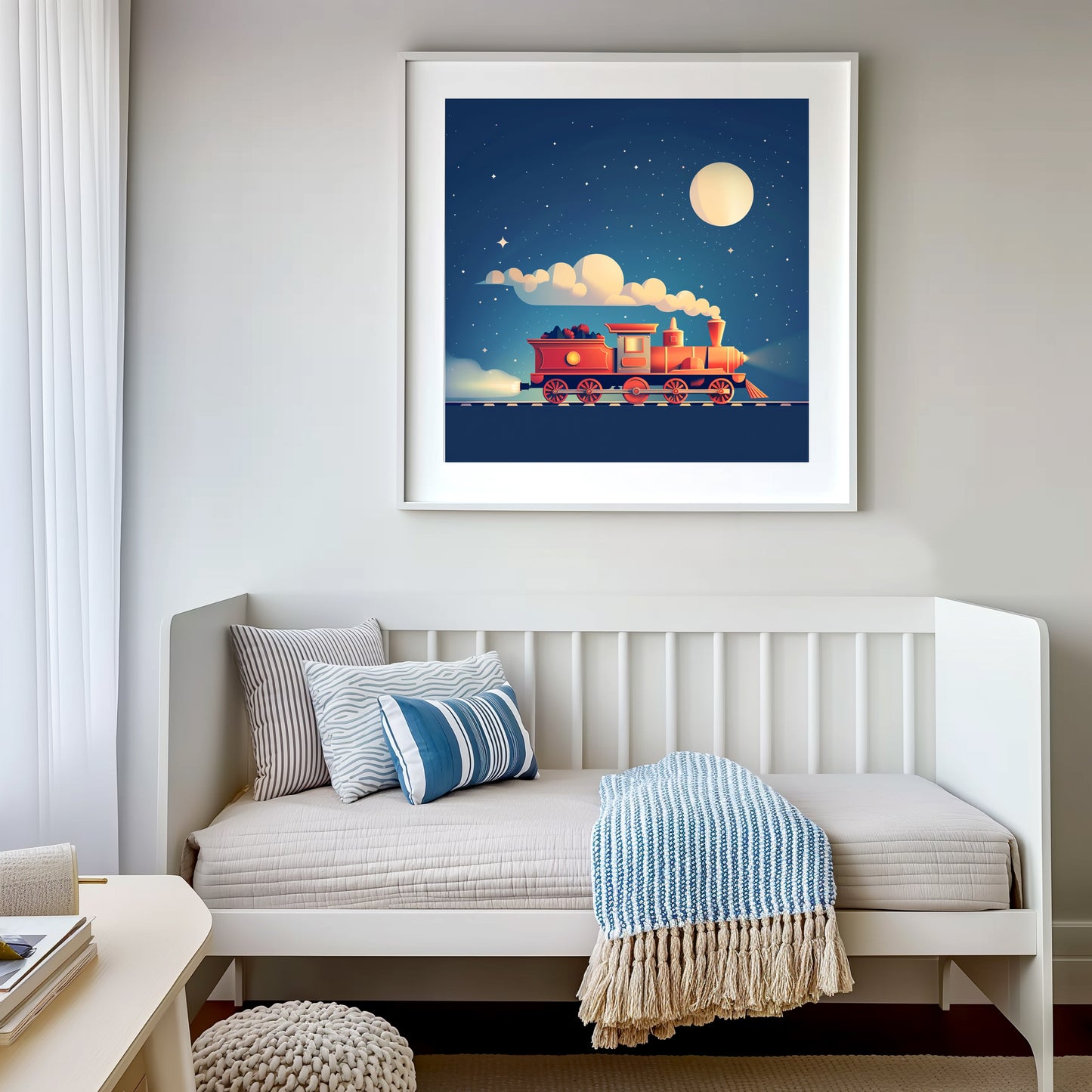 Dreamy Night Illustration with Toy Train Under Starry Sky