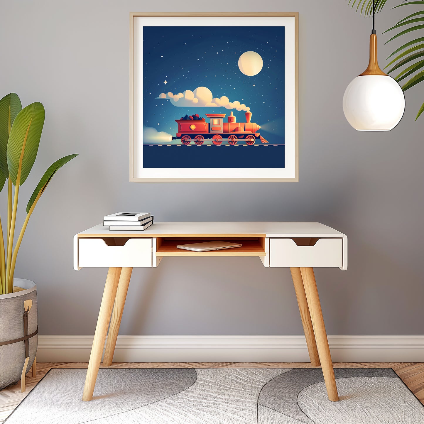 Dreamy Night Illustration with Toy Train Under Starry Sky