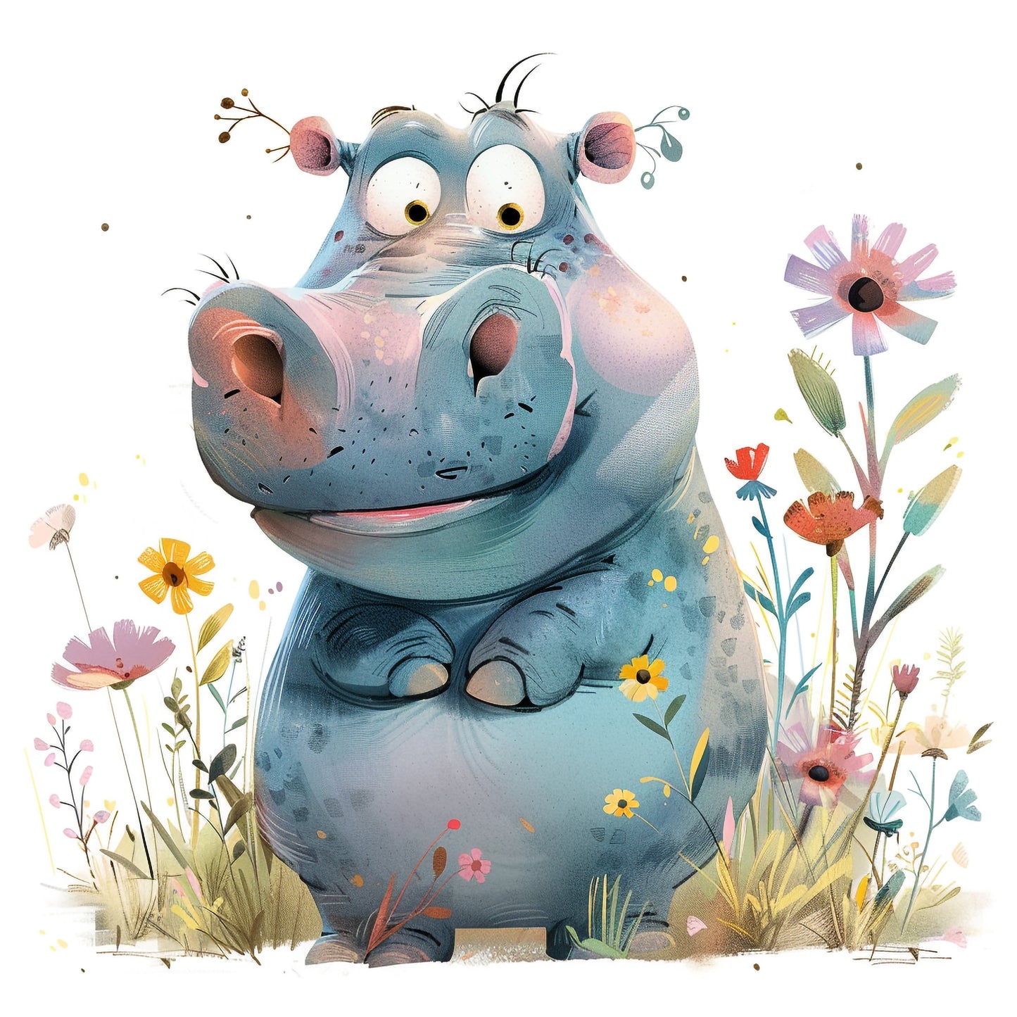 Cute Cartoon Hippo with a Warm Smile in a Flower Field