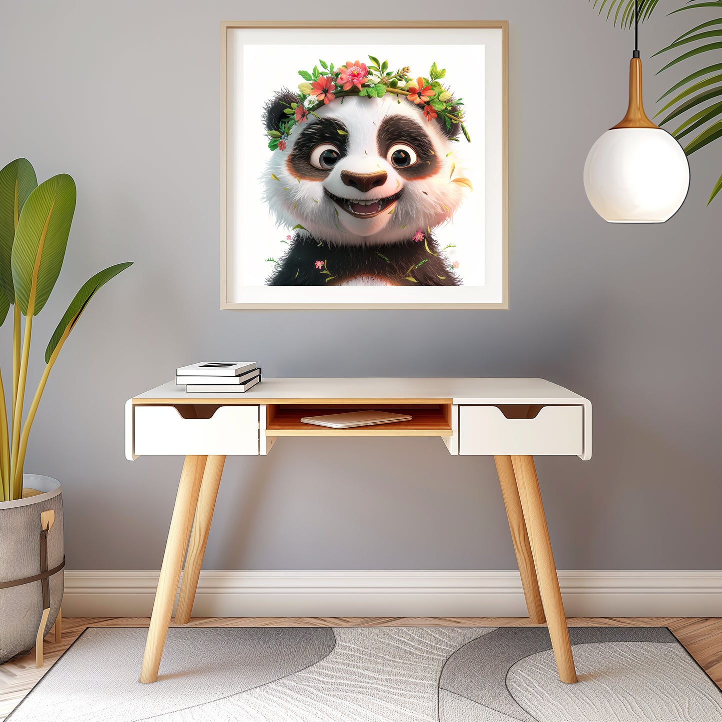Charming Cartoon Panda with Floral Crown Smiling Happily