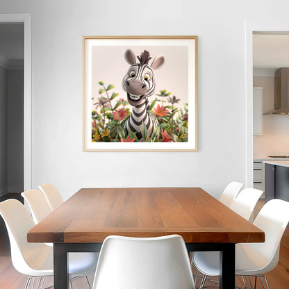 Cheerful Cartoon Zebra Smiling Among Colorful Flowers