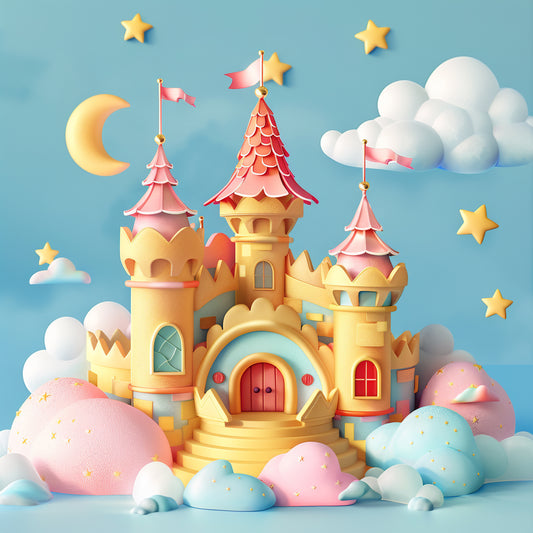 Enchanted Clay Style Castle Amidst Magical Clouds and Stars