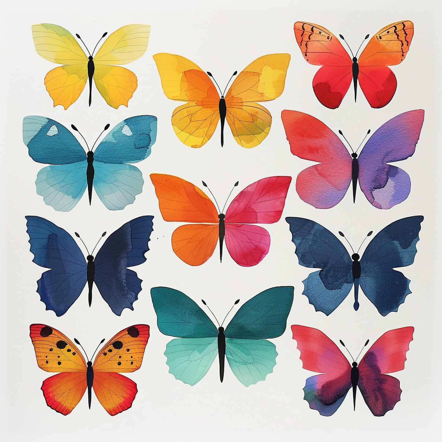 Colorful Watercolor Butterflies on White Background
