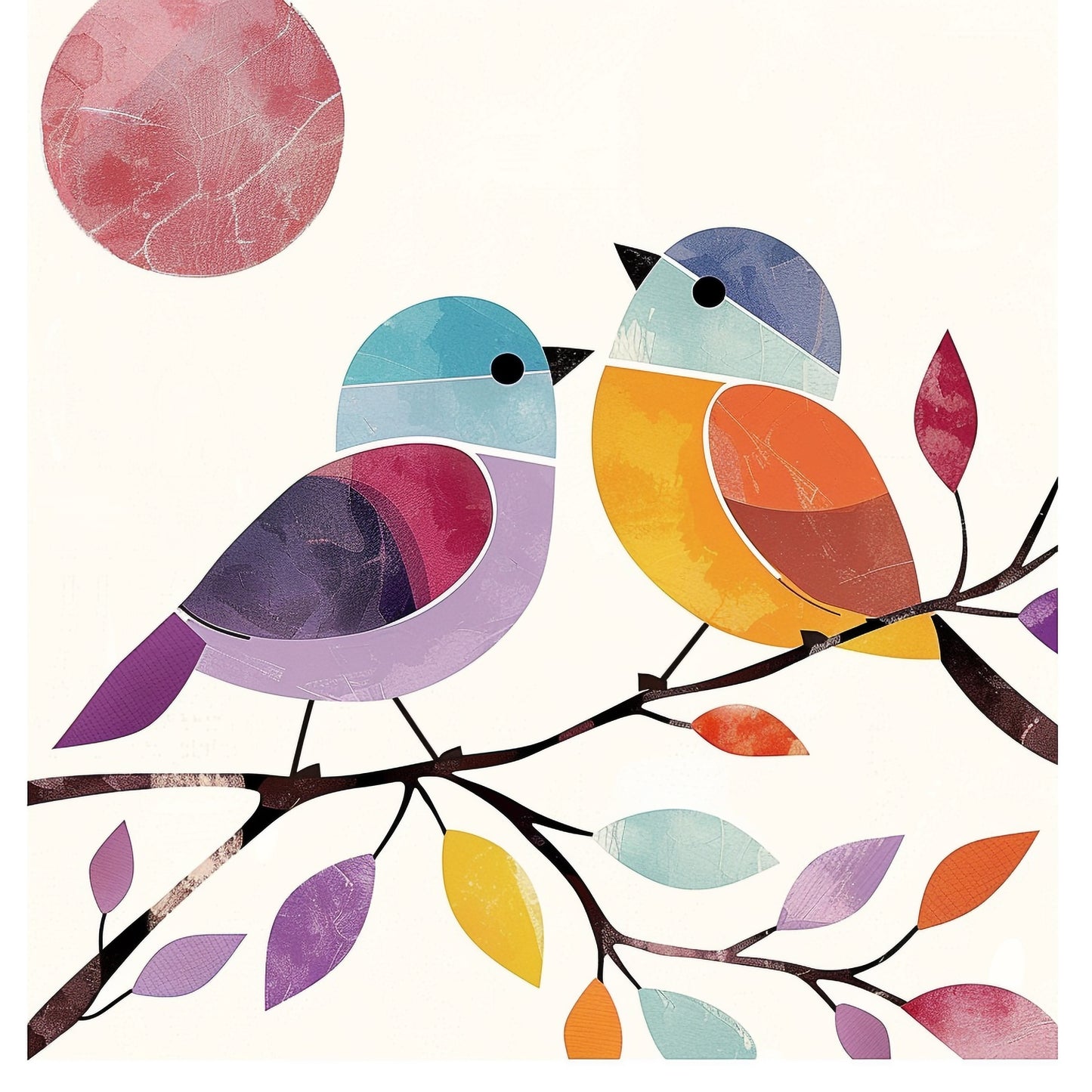 Colorful Watercolor Birds Perched on a Tree Branch