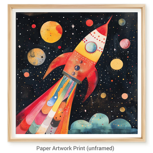Colorful Rocket Launching into Outer Space, Stars and Planets