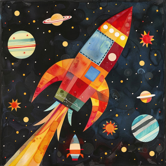 Colorful Toy Rocket Launching into a Pretend Space