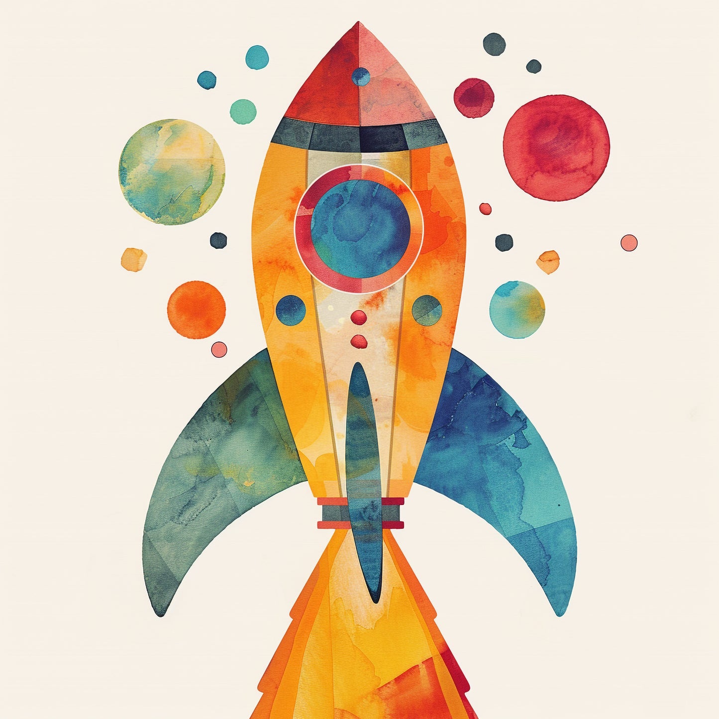 Colorful Toy Rocket Blasting Off into Space with Planets