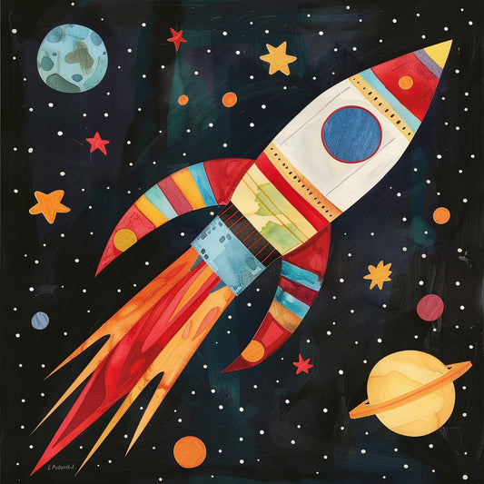Colorful Toy Rocket Blasting into Painted Space Scene