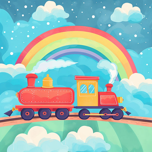 Colorful Toy Train With Rainbow and Cloudy Sky Background