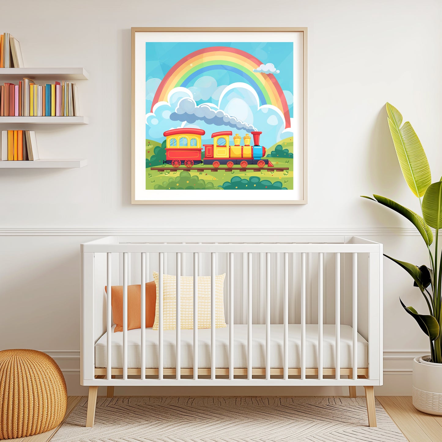 Colorful Cartoon Toy Train Traveling Under a Vibrant Rainbow