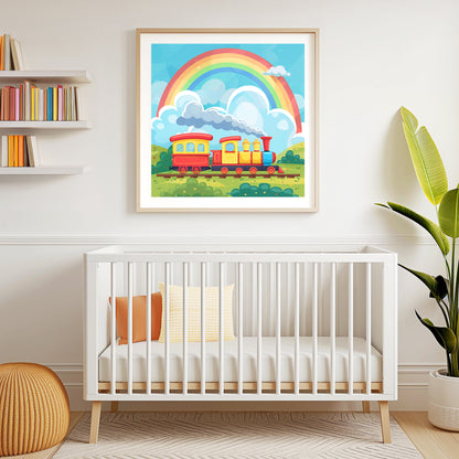 Colorful Cartoon Toy Train Traveling Under a Vibrant Rainbow