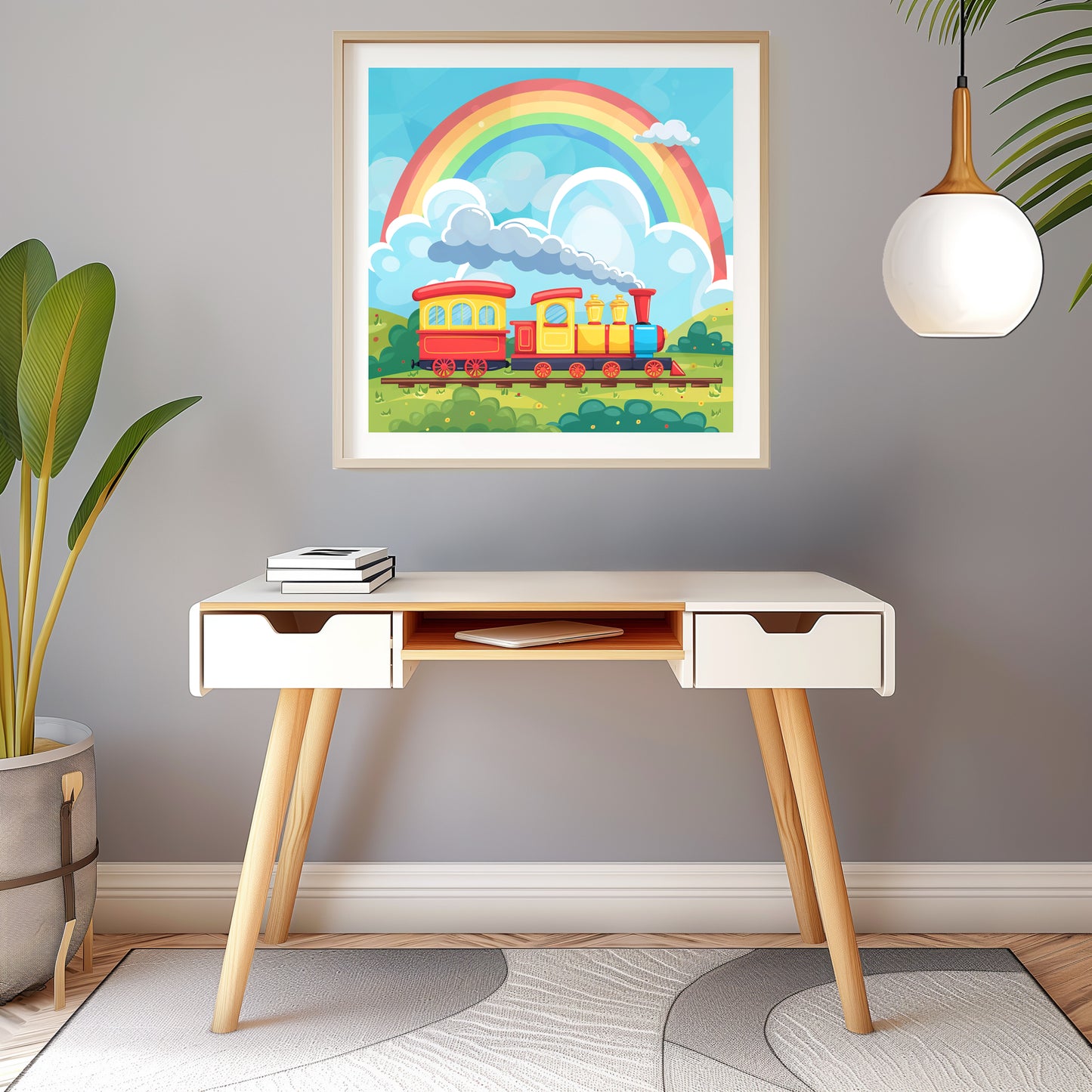 Colorful Cartoon Toy Train Traveling Under a Vibrant Rainbow