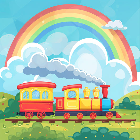 Colorful Toy Train with Rainbow in Cartoon Landscape
