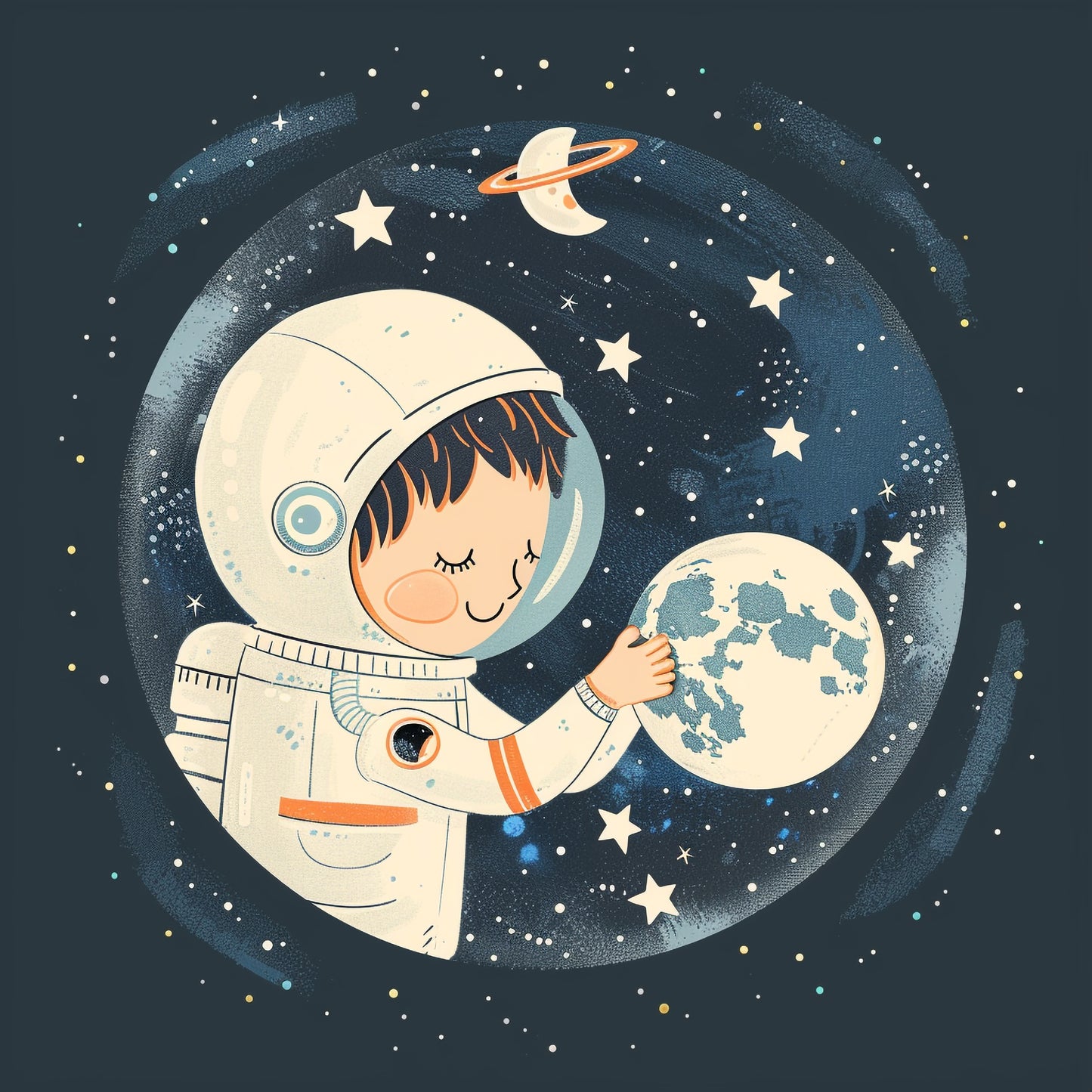 Cute Young Astronaut Embracing the Moon with Stars Around