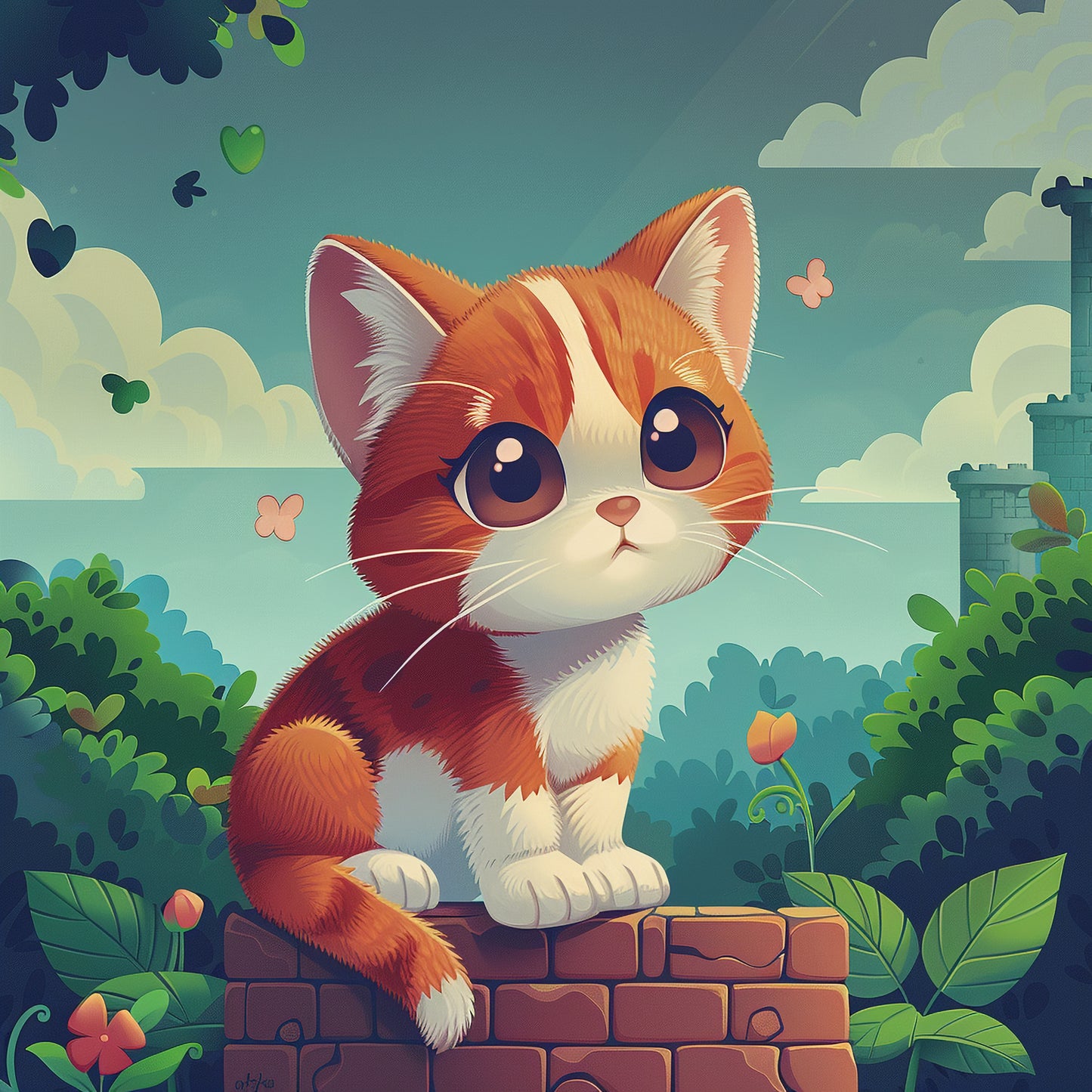 Charming Stylized Cartoon Cat in a Fantasy Landscape