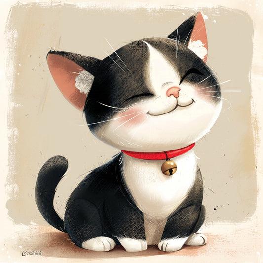 Smiling Tuxedo Cat Illustration with Red Collar and Bell