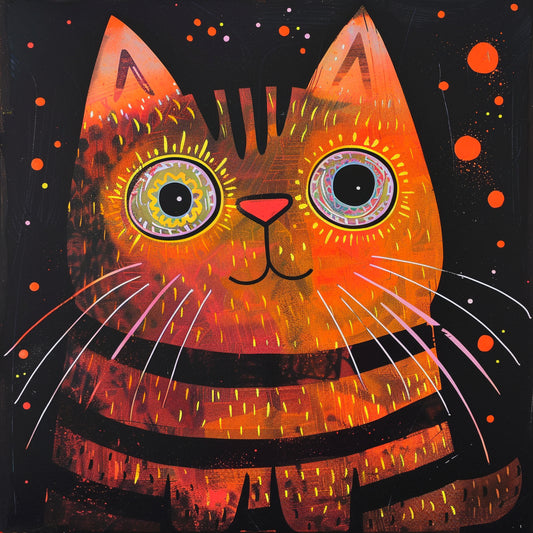 Whimsical Cat Silkscreen Print for Children's Rooms