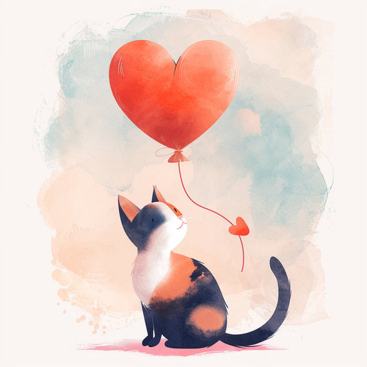 Adorable Cat Holding a Heart-Shaped Balloon Illustration