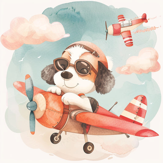 Cute Dog in Pilot Outfit with Vintage Airplane Illustration