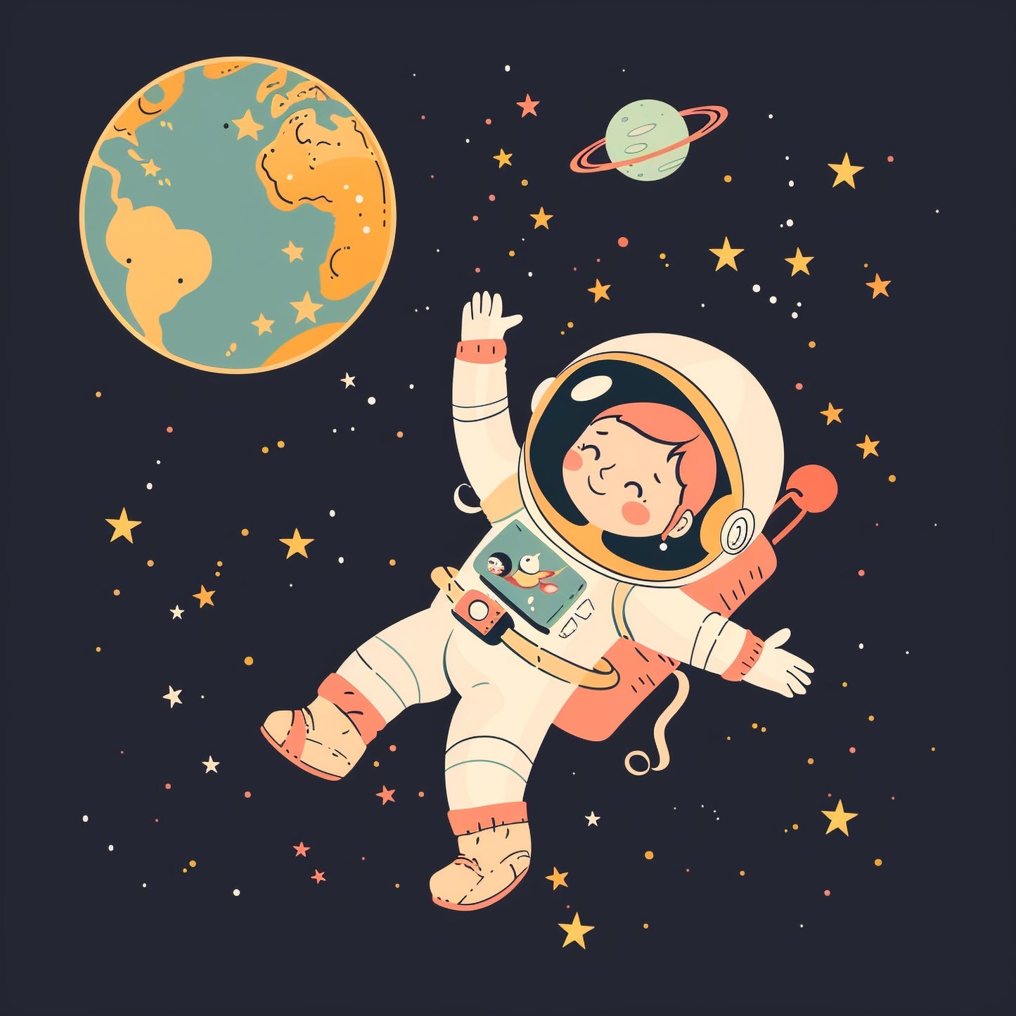 Cute Girl Astronaut Flying In Outer Space Illustration