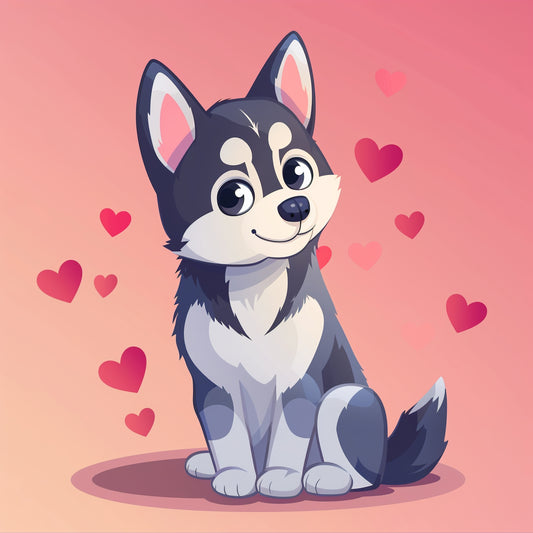 Adorable Cartoon Husky Puppy Surrounded by Hearts