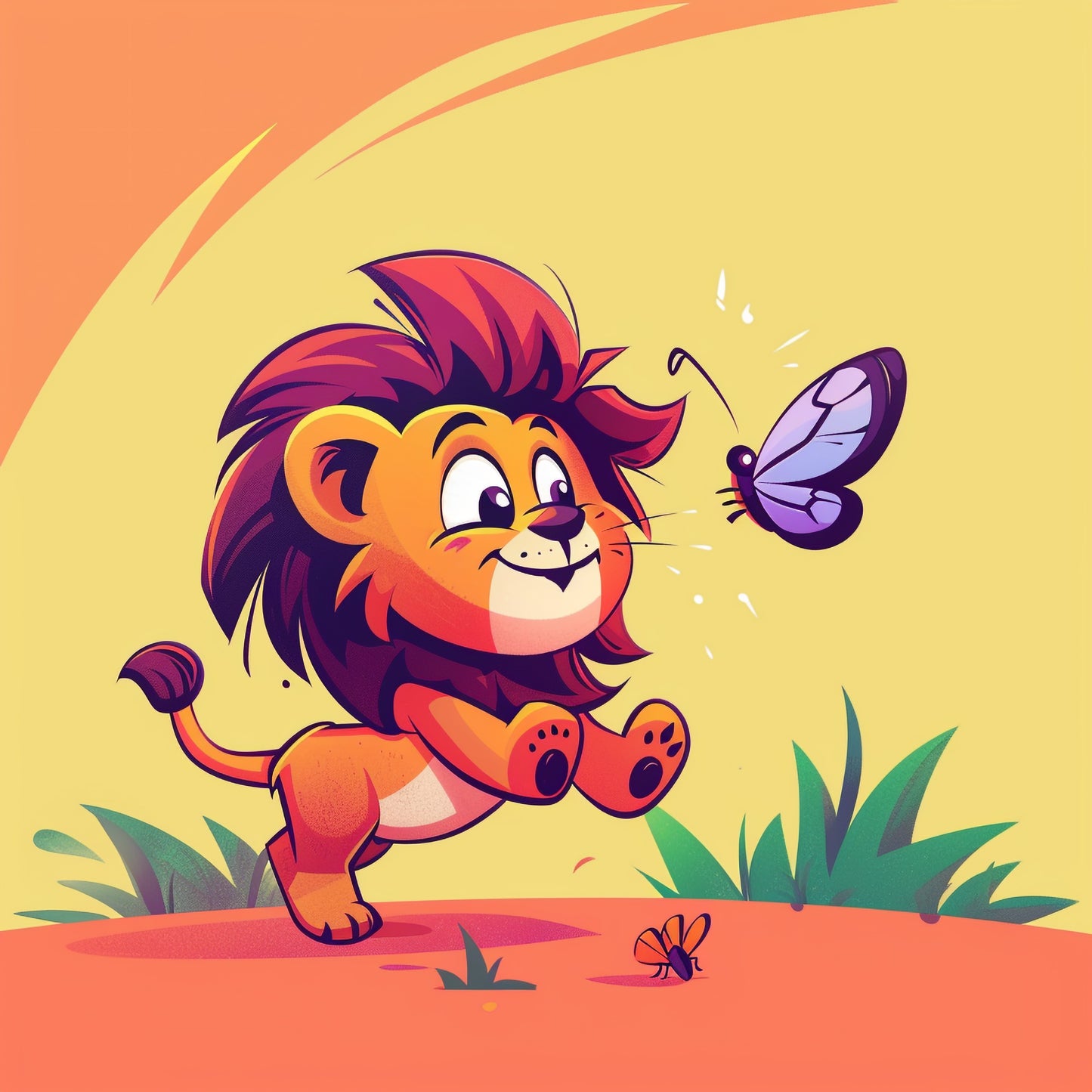 Playful Young Lion Cub Chasing a Fluttering Butterfly