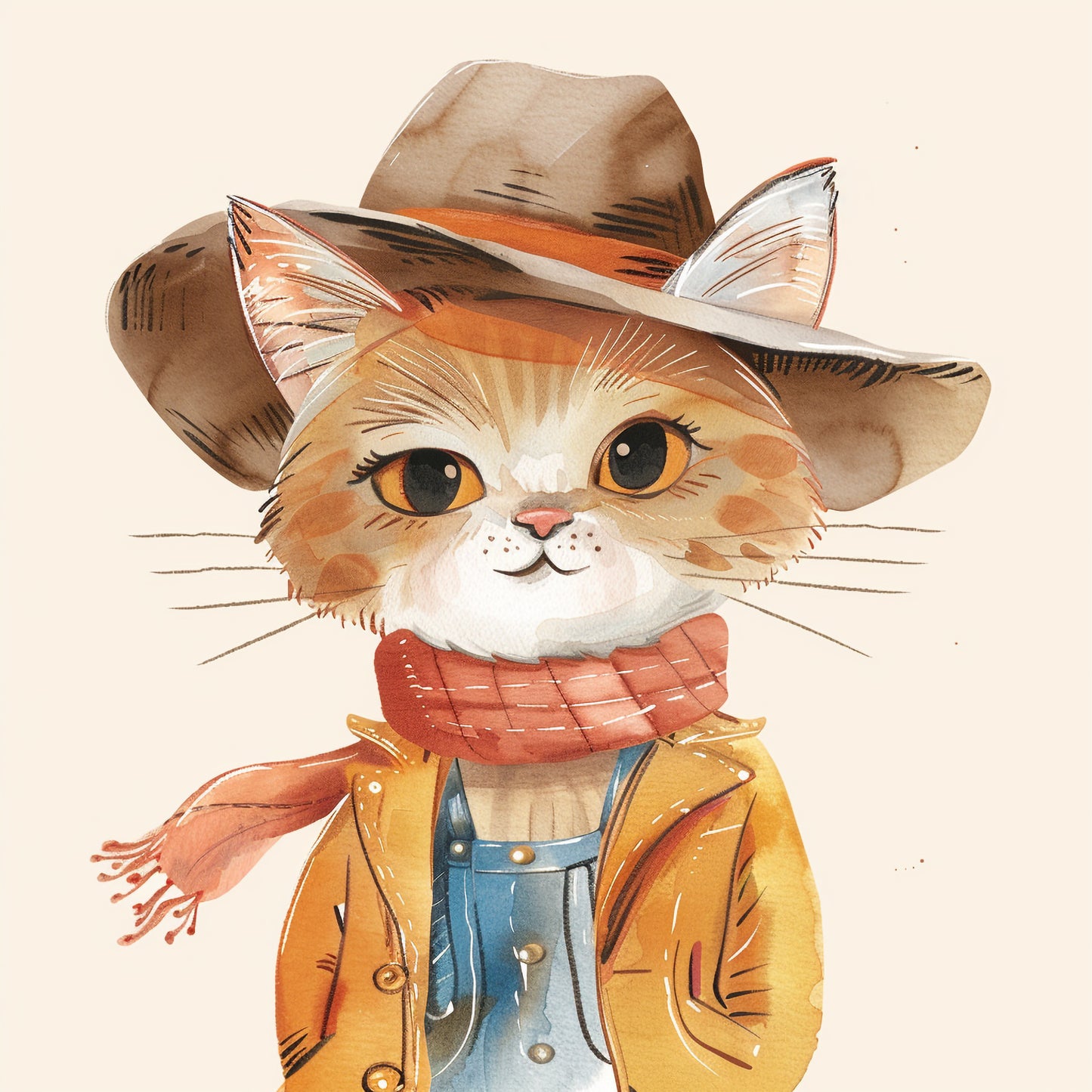 Cute Cat in Retro Outfit and Hat Watercolor Illustration