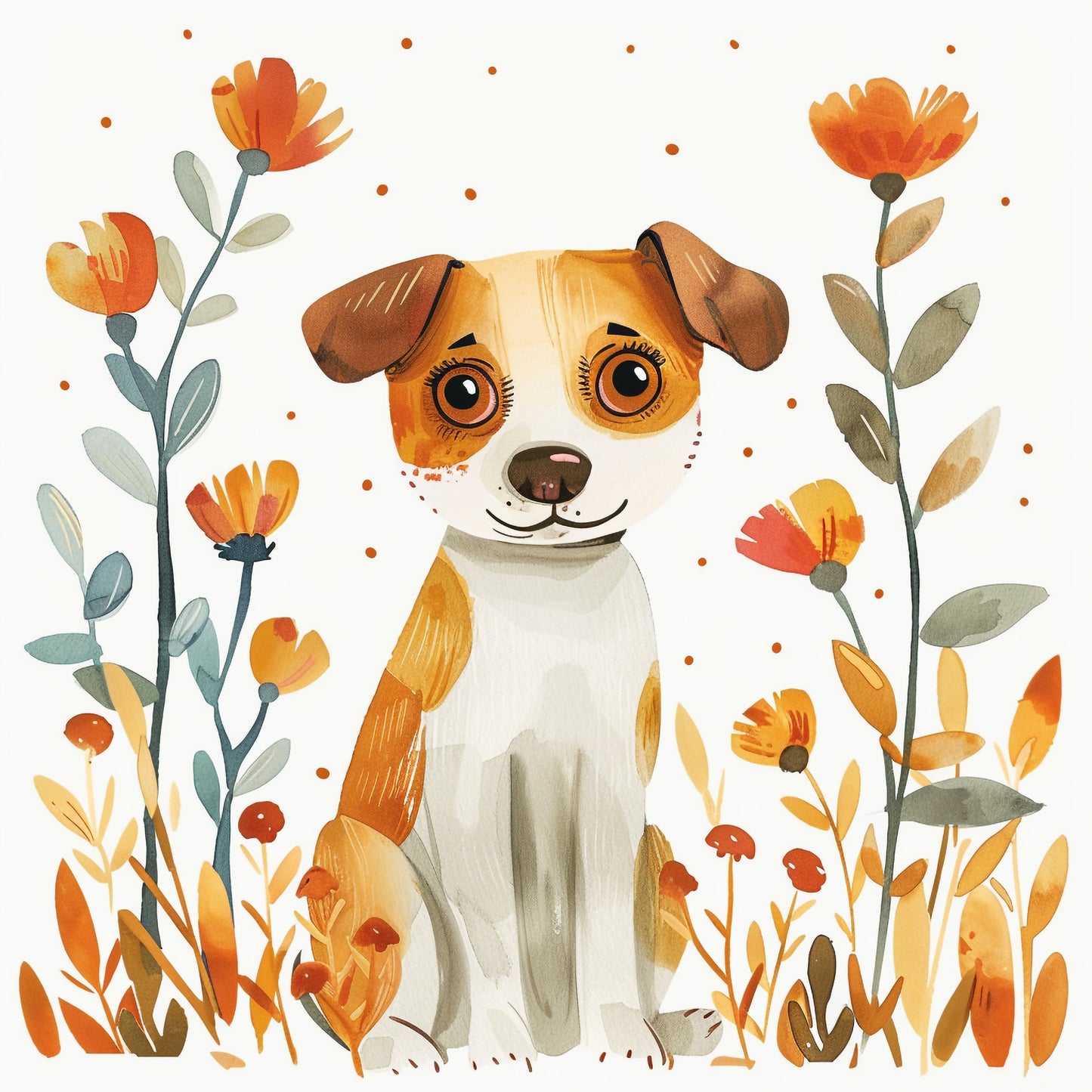 Charming Watercolor Illustration of a Cute Dog with Flowers