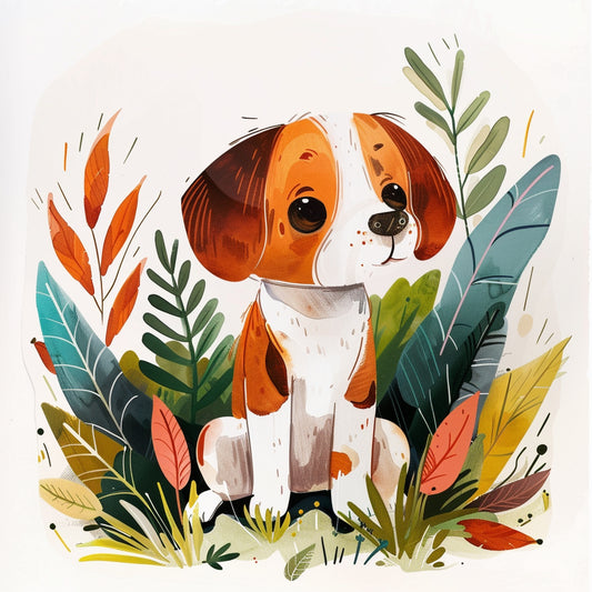Charming Watercolor Cartoon Dog Surrounded by Foliage