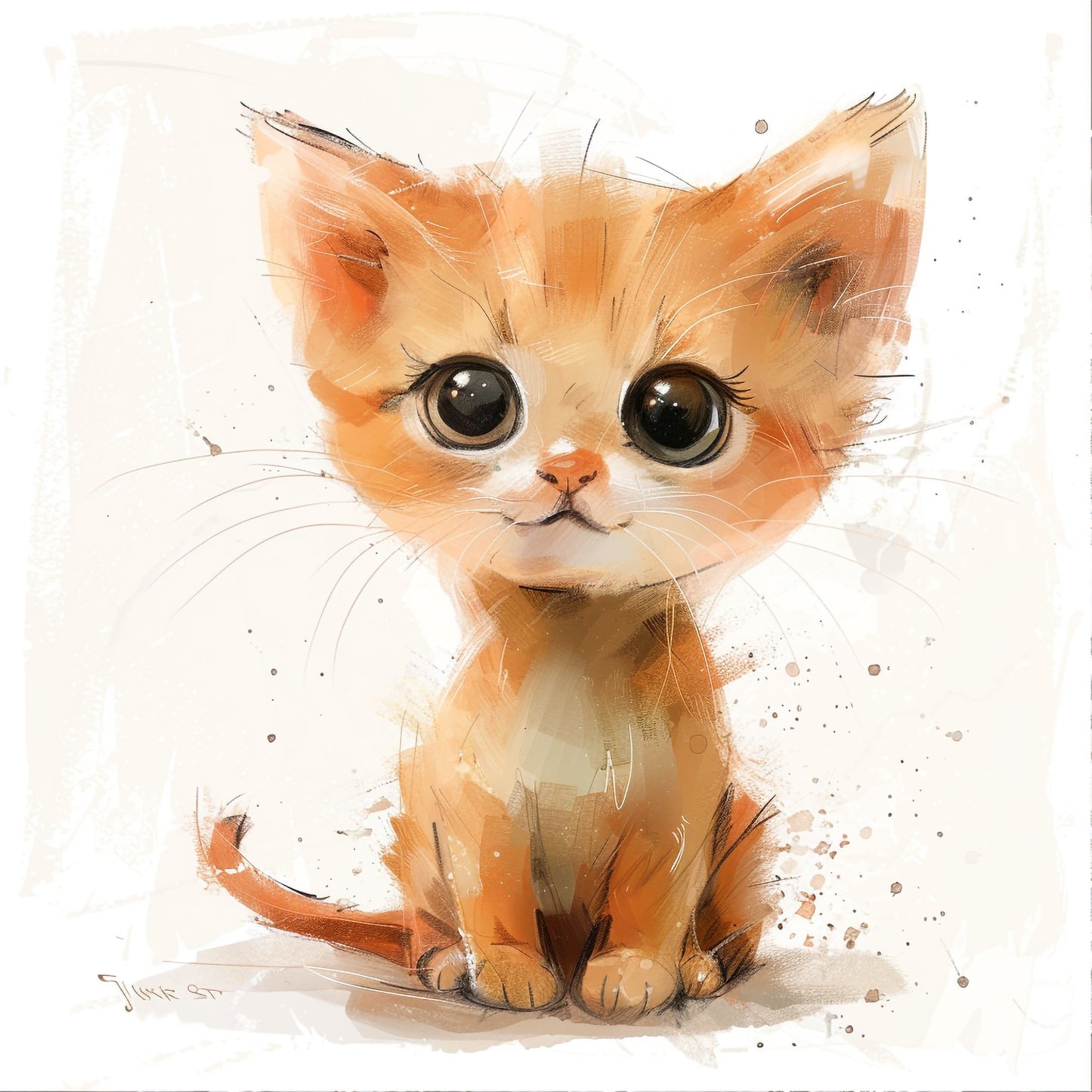 Adorable Watercolor Cartoon Kitten with Big Eyes