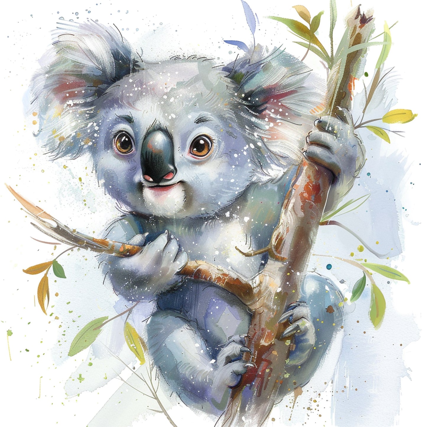 Colorful Watercolor Painting of a Cute Koala on a Branch