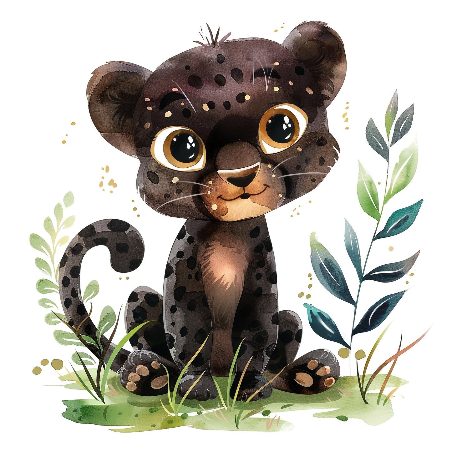 Adorable Cartoon Panther Cub Watercolor Illustration