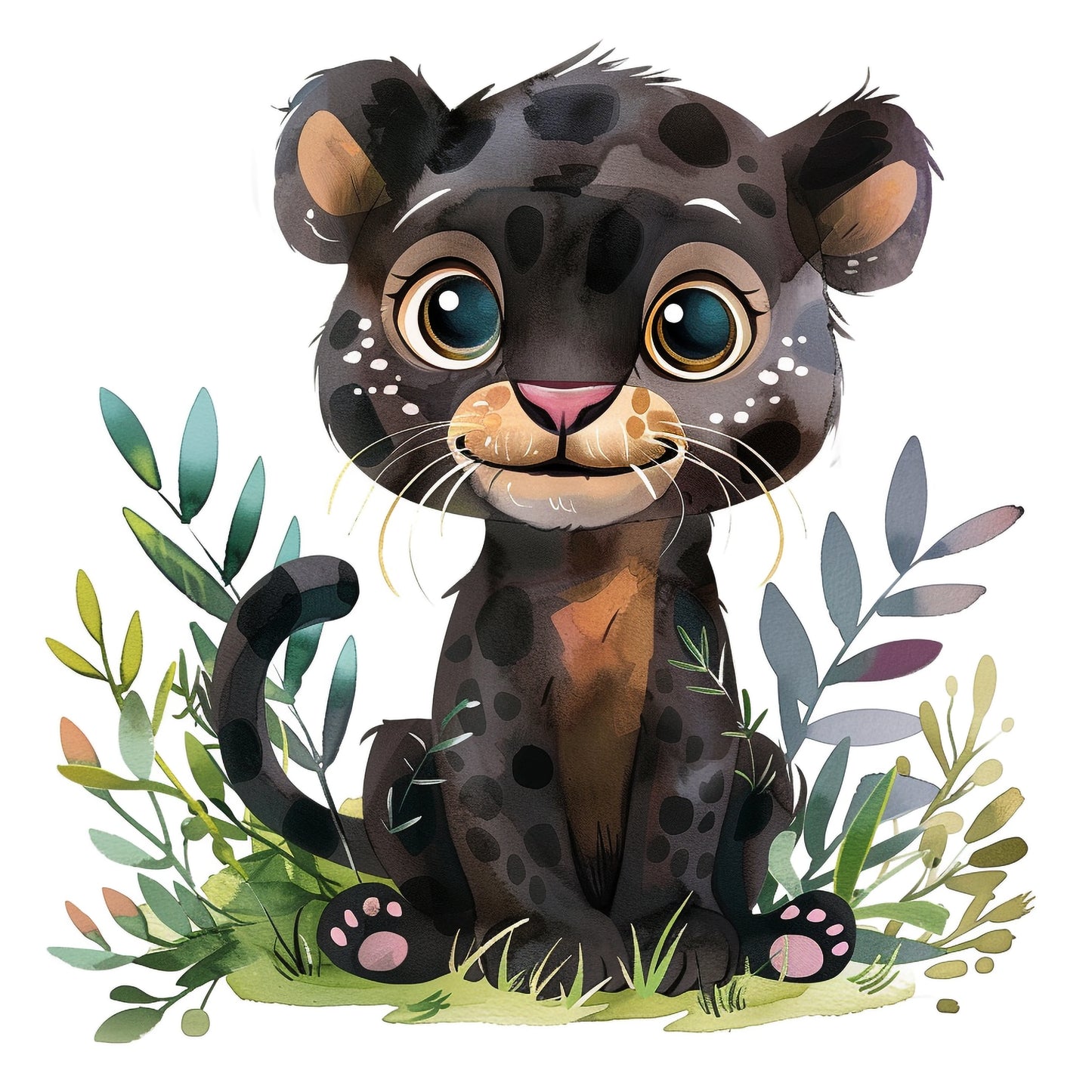 Adorable Watercolor Panther Cub Illustration with Greenery