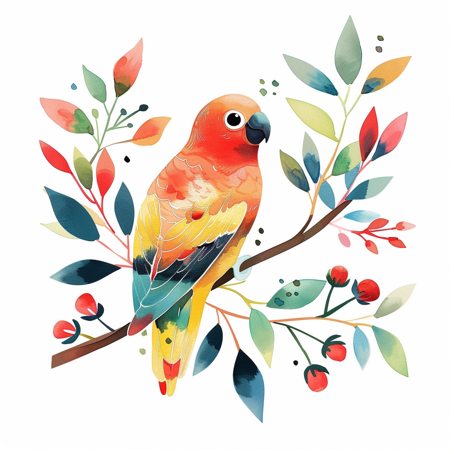 Colorful Parrot in Watercolor Surrounded by Lush Foliage