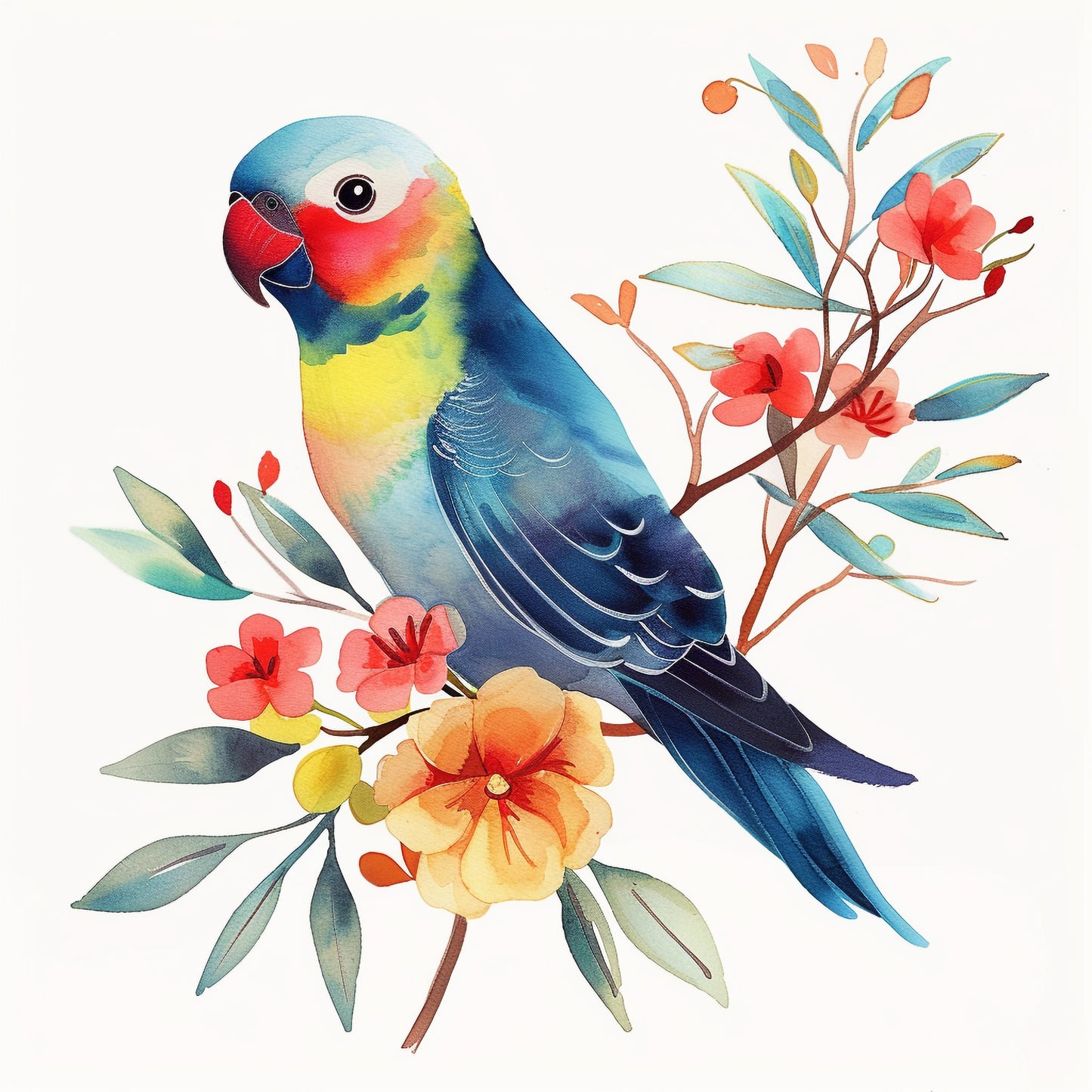 Colorful Parrot Watercolor Illustration with Flowers