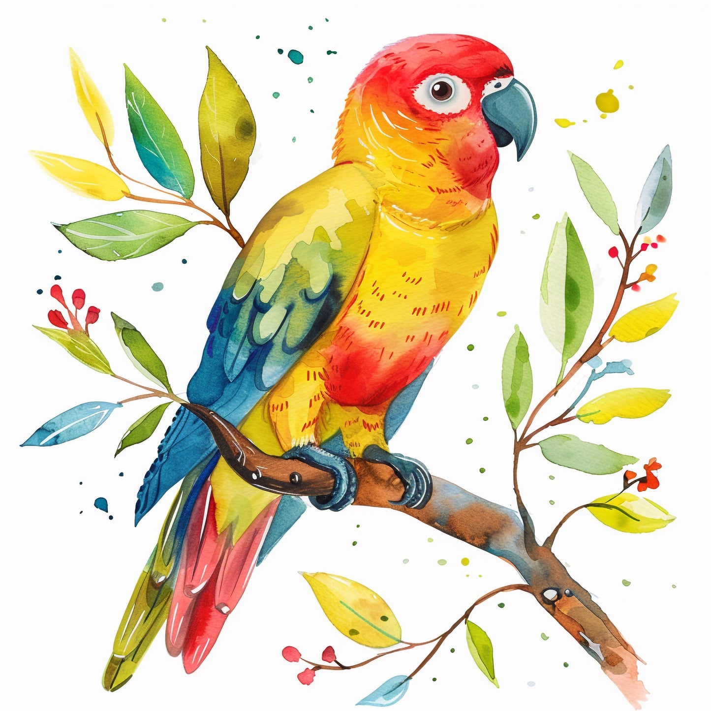 Colorful Parrot Cartoon in Watercolor on White Background