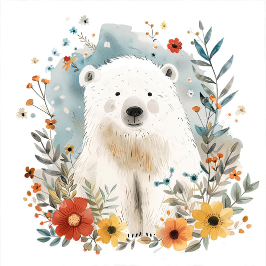 Watercolor Cute Polar Bear Surrounded by Flowers