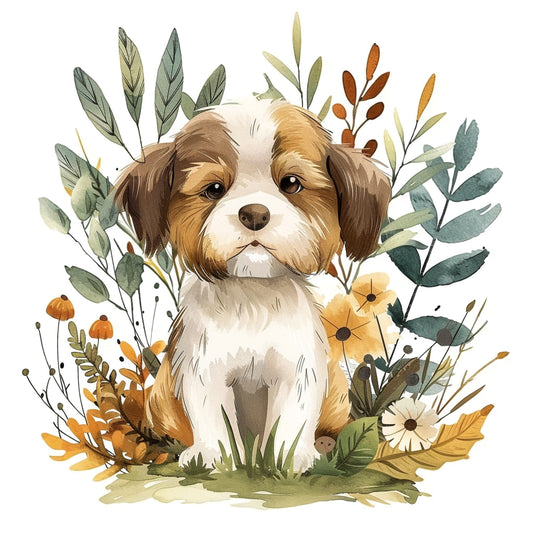Adorable Puppy Cartoon Surrounded by Watercolor Florals