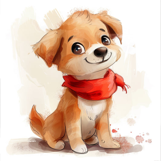 Adorable Puppy Cartoon in Watercolor with Red Scarf