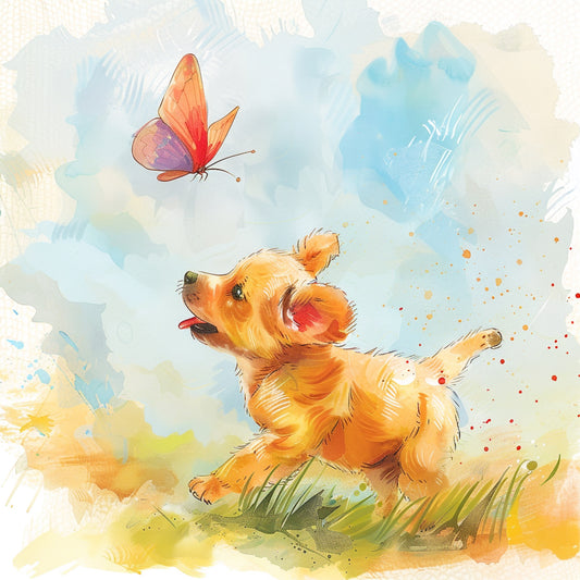 Playful Puppy Chasing a Vibrant Butterfly in a Watercolor Scene