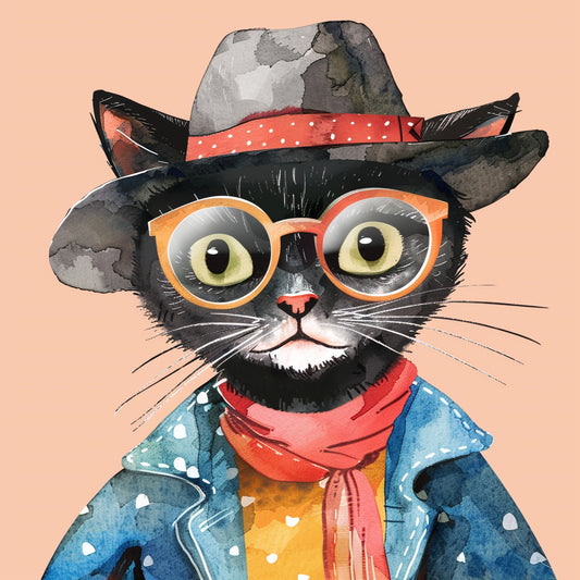 Stylish Cat in Retro Outfit and Glasses on Peach Background