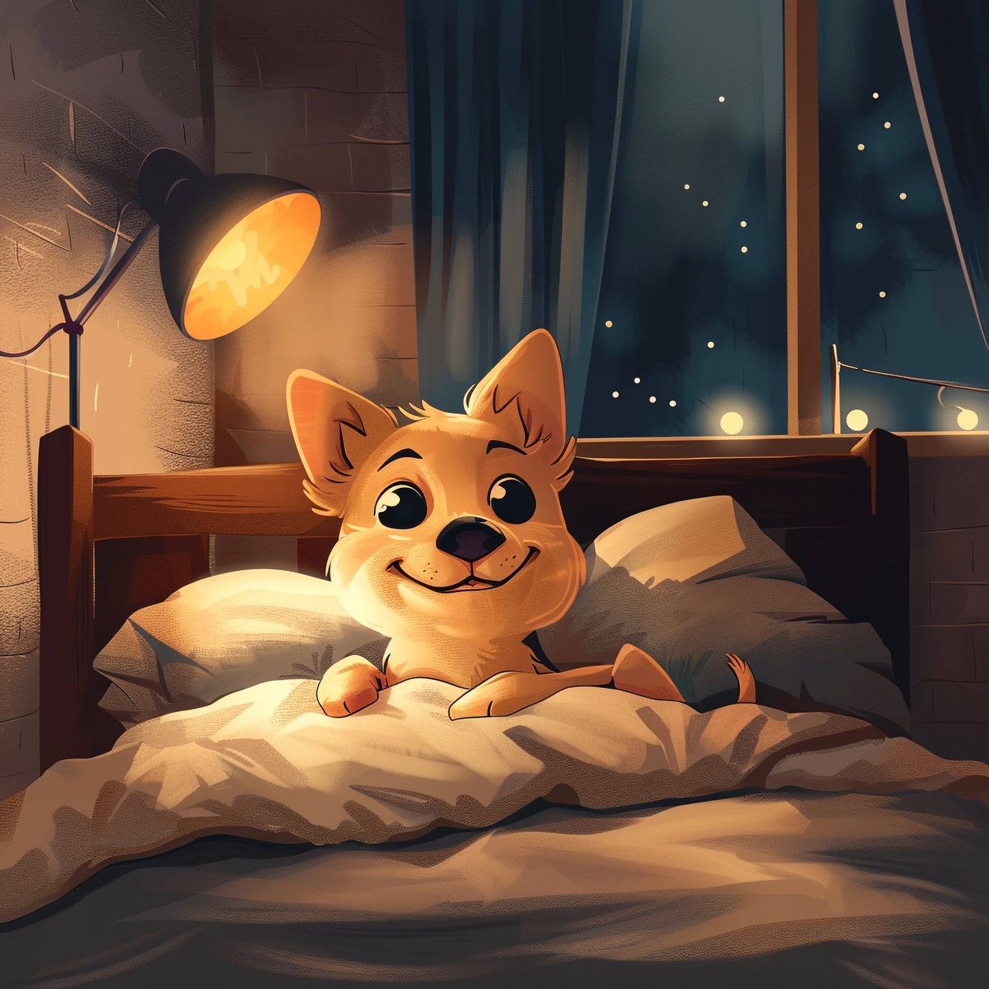 Adorable Smiling Dog Relaxing in Cozy Bedroom at Night