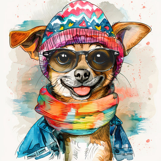 Stylish Dog in Hip Outfit and Cool Hat Smiling Radiantly