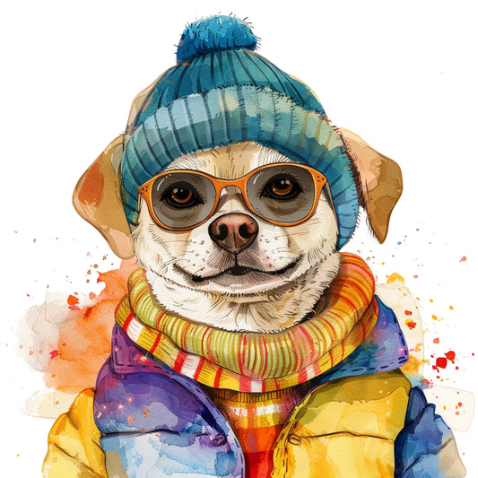Stylish Dog in Hipster Outfit with Colorful Splashes