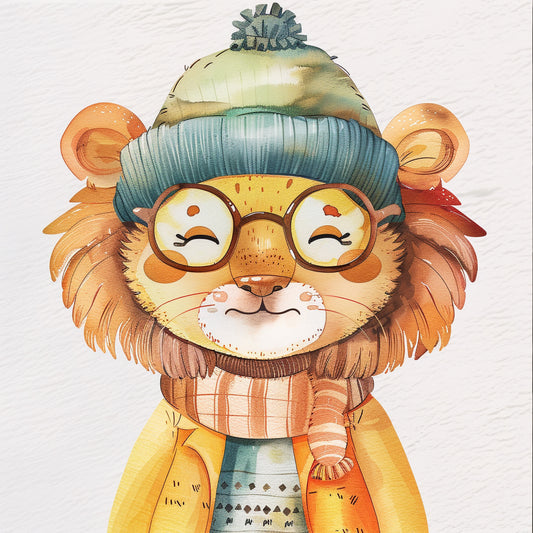 Cute Lion Illustration Wearing Retro Winter Fashion