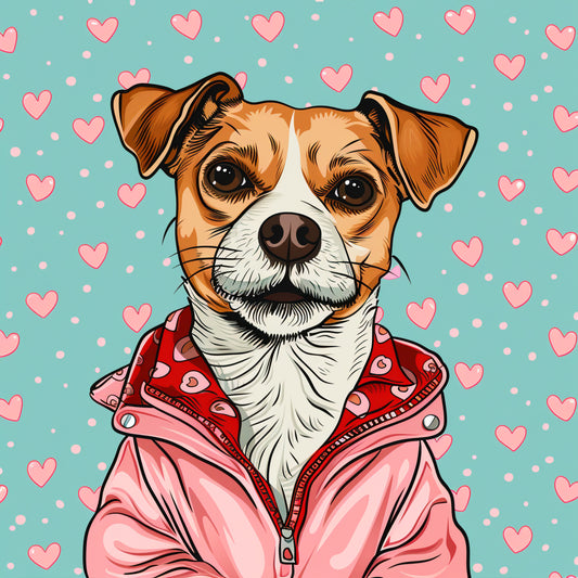 Adorable Dog in Pink Jacket Over Heart Pattern Background