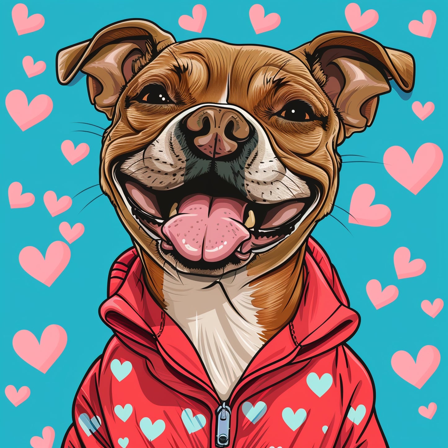 Adorable Smiling Dog in Red Hoodie with Hearts