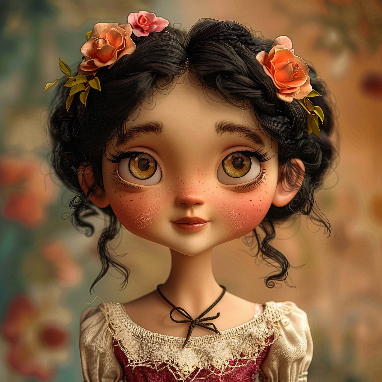 Charming Vintage Doll with Flowers in Hair on Floral Background