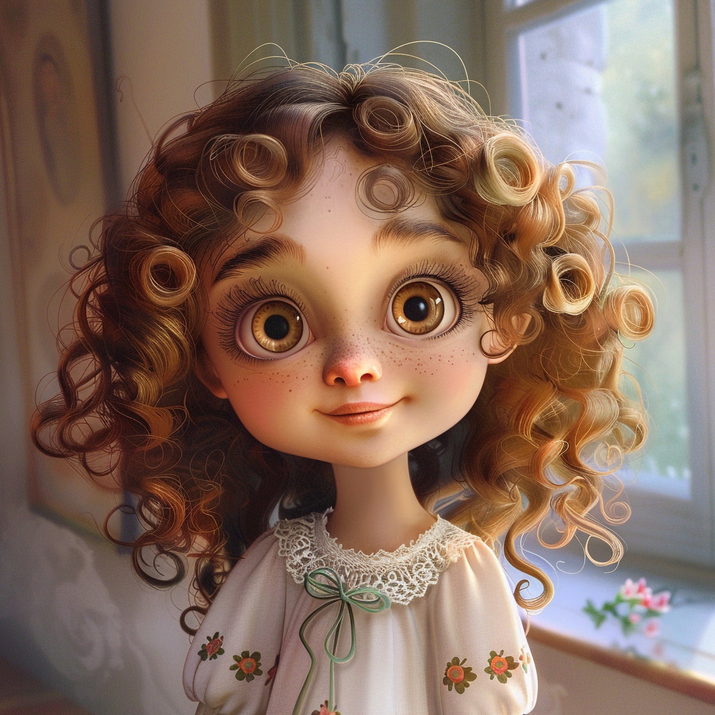 Adorable Animated Curly-Haired Doll with Innocent Eyes