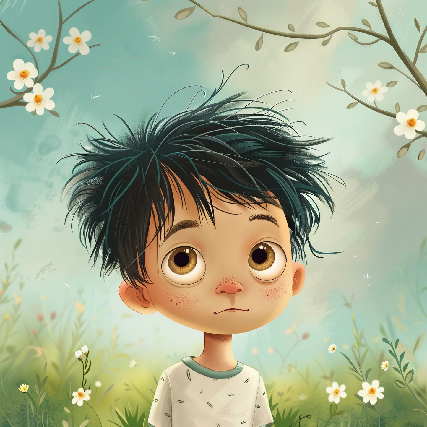 Adorable Little Boy With Spring Blooms and Whimsical Nature